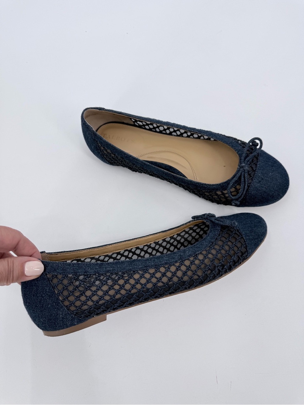 Talbots Ballet Flats Women 9M Blue Denim Mesh Woven Bow Balletcore Preppy